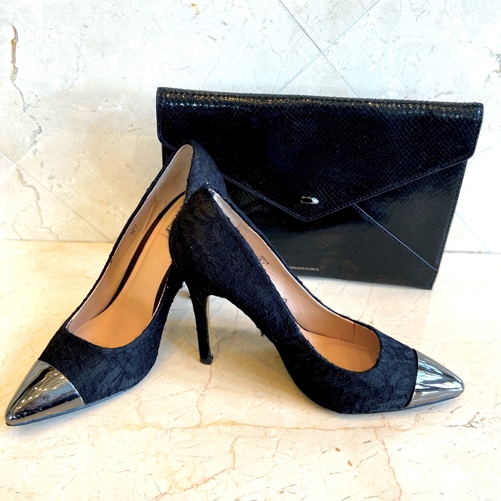 Shoe Dazzle black lace and gunmetal pumps